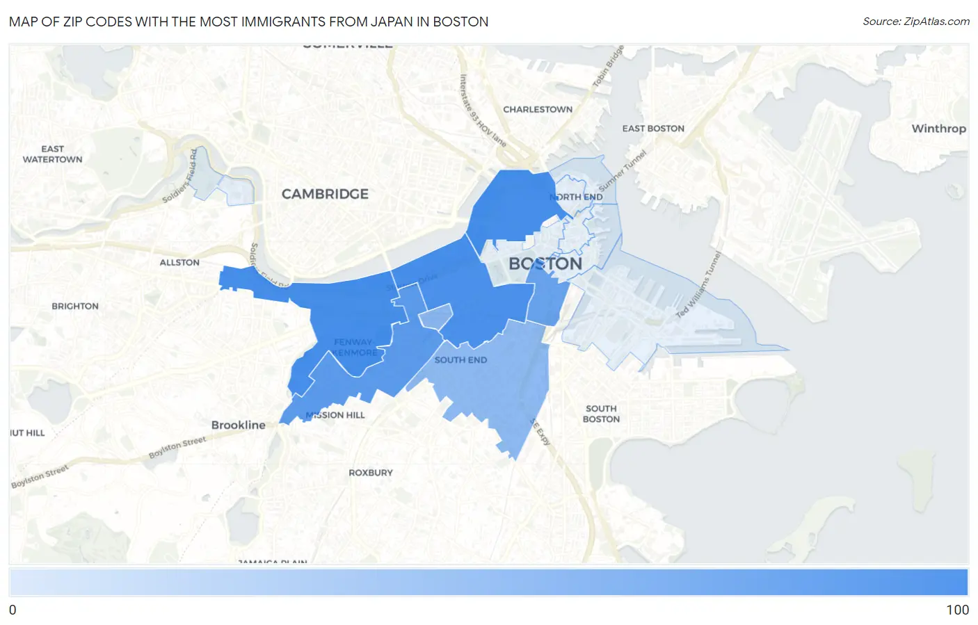 Zip Codes with the Most Immigrants from Japan in Boston Map