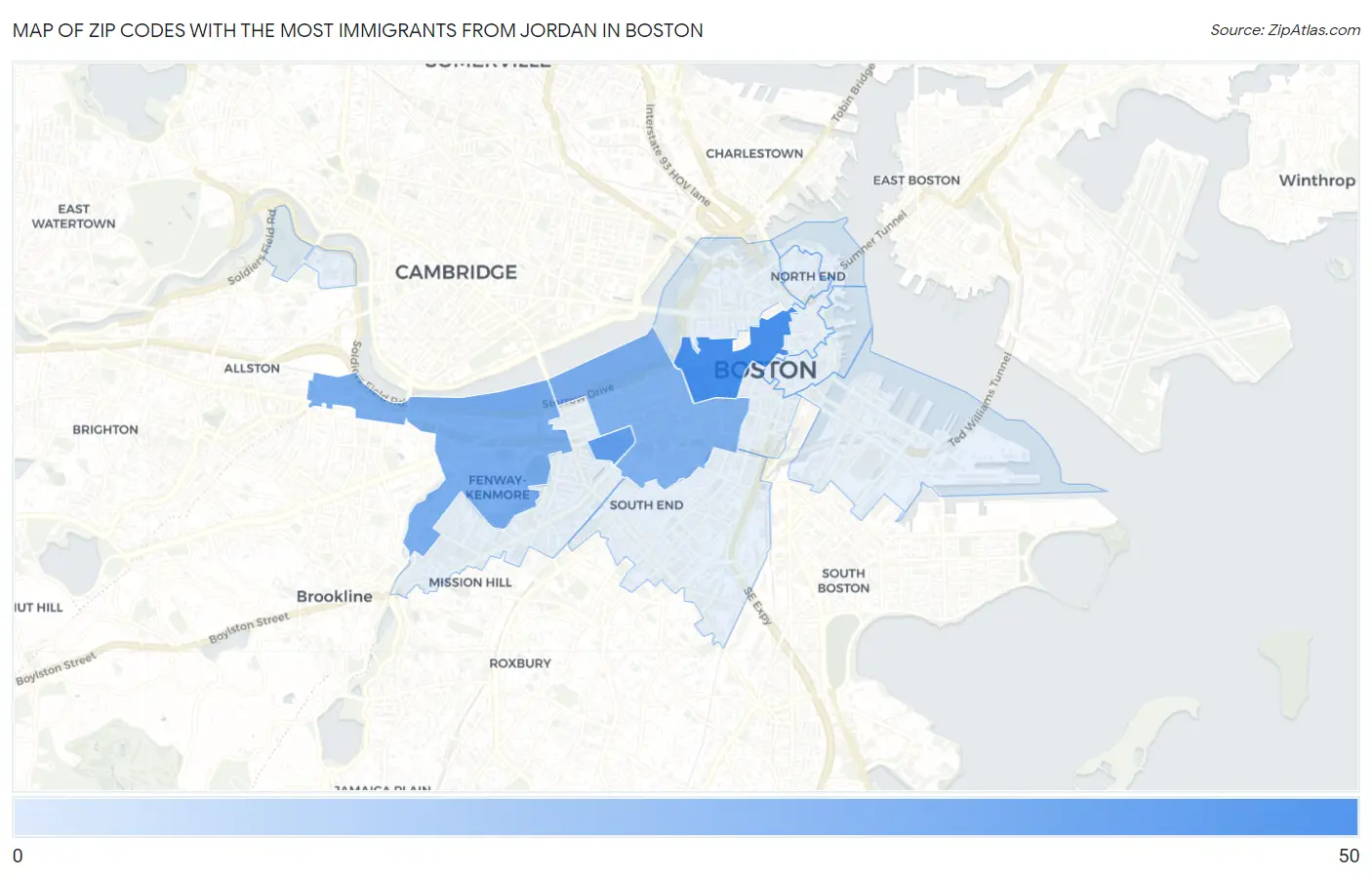 Zip Codes with the Most Immigrants from Jordan in Boston Map