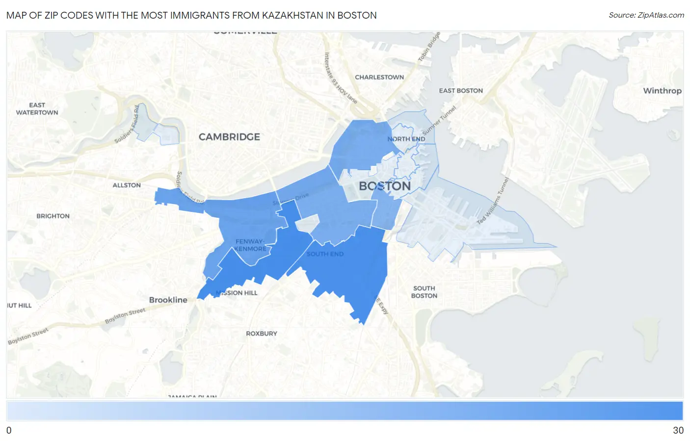 Zip Codes with the Most Immigrants from Kazakhstan in Boston Map