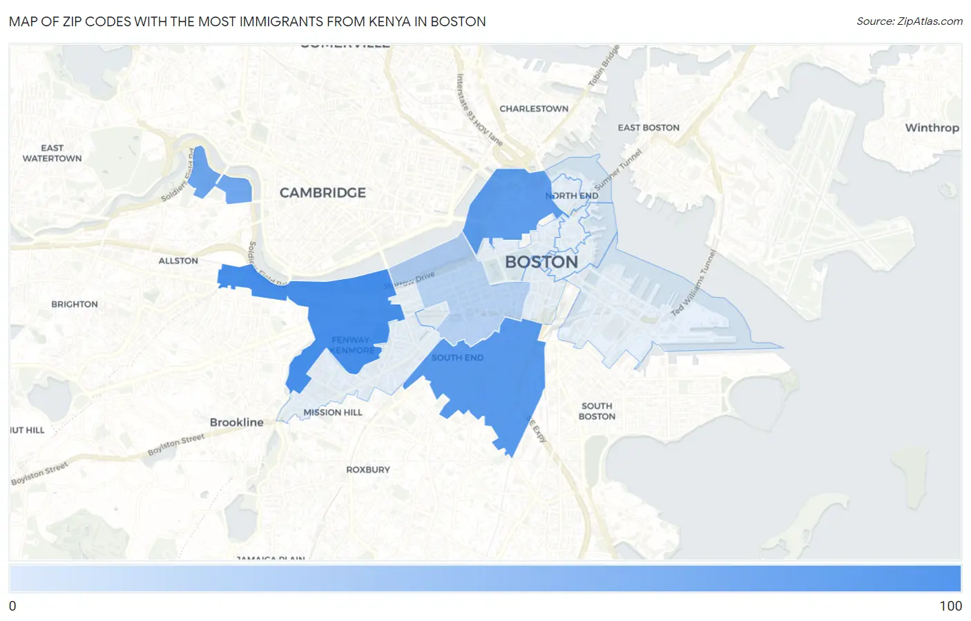 Zip Codes with the Most Immigrants from Kenya in Boston Map