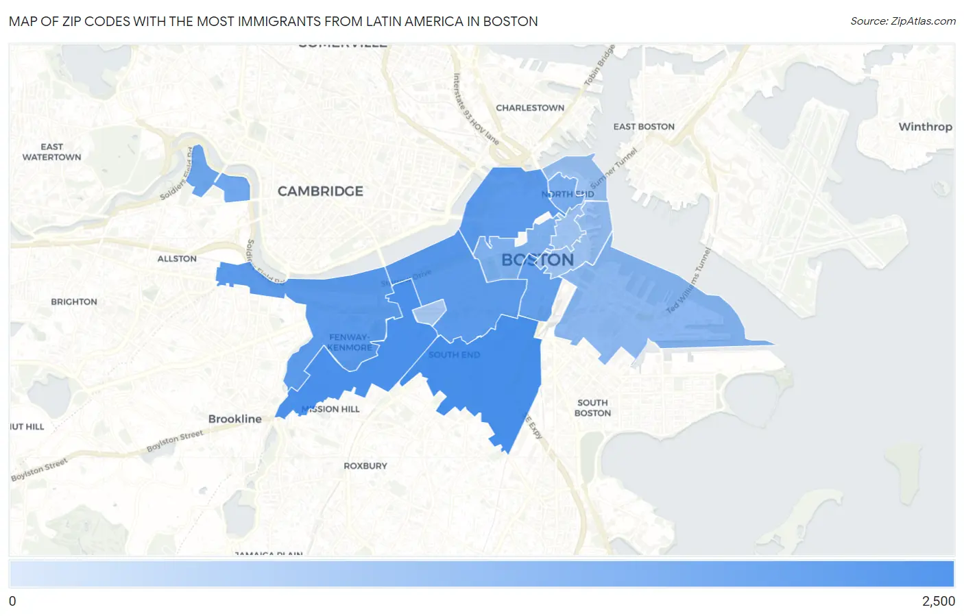 Zip Codes with the Most Immigrants from Latin America in Boston Map