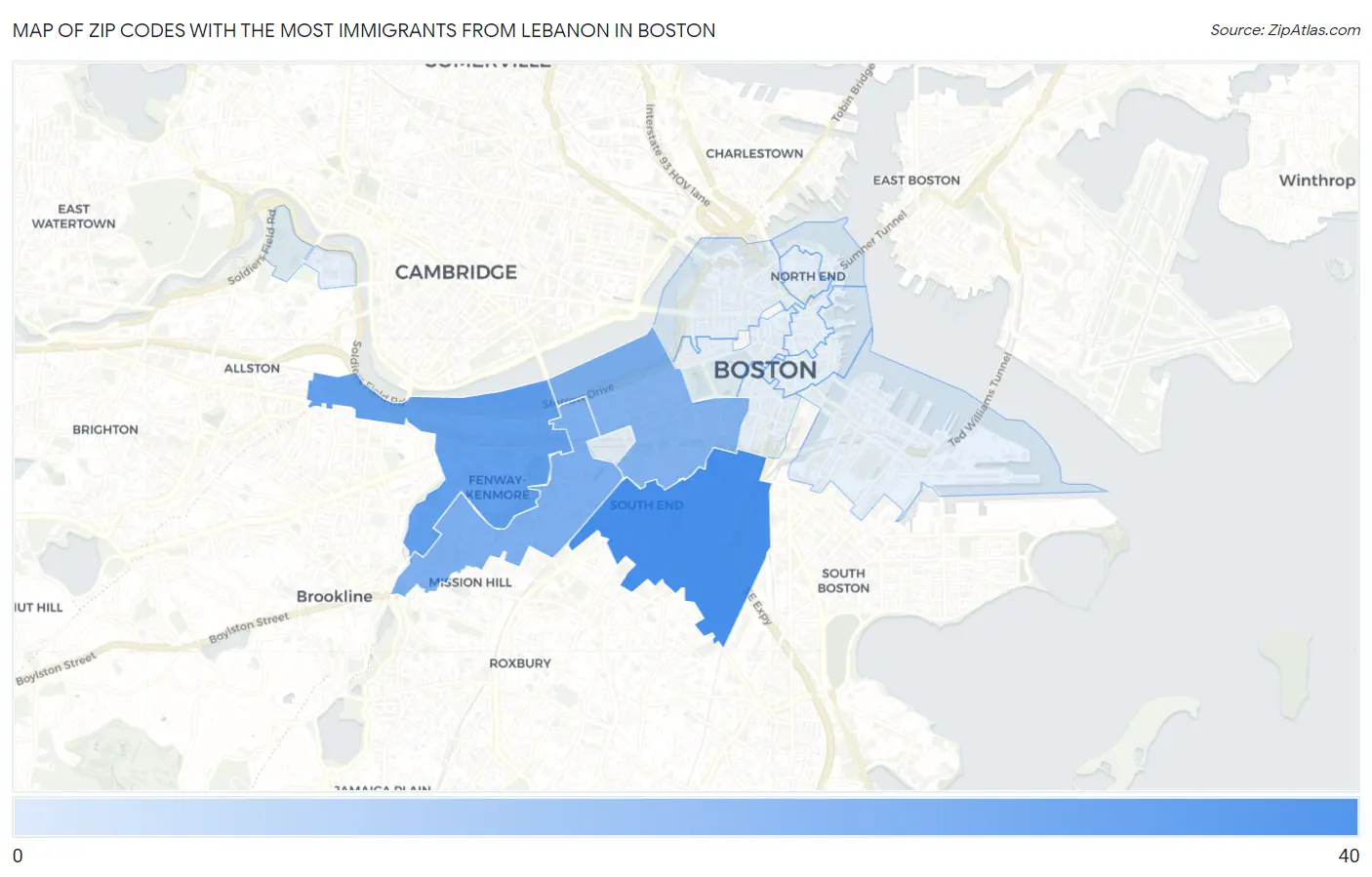 Zip Codes with the Most Immigrants from Lebanon in Boston Map