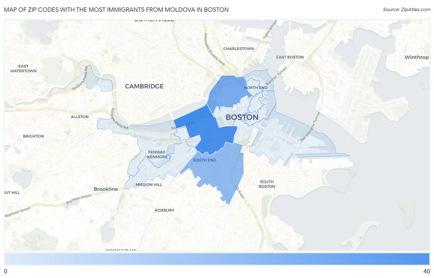Zip Codes with the Most Immigrants from Moldova in Boston Map