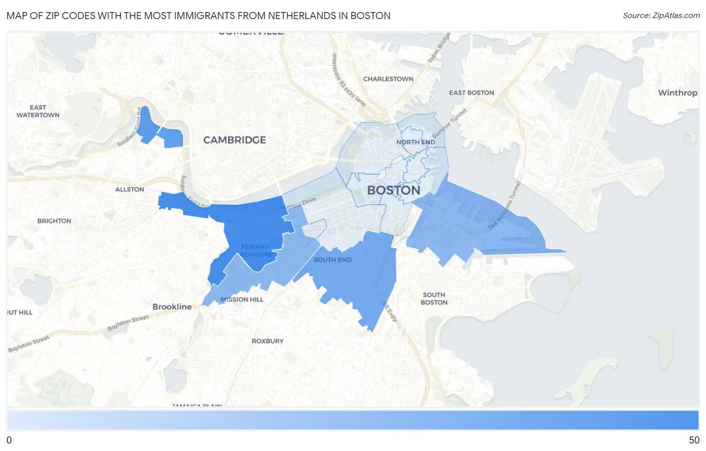 Zip Codes with the Most Immigrants from Netherlands in Boston Map