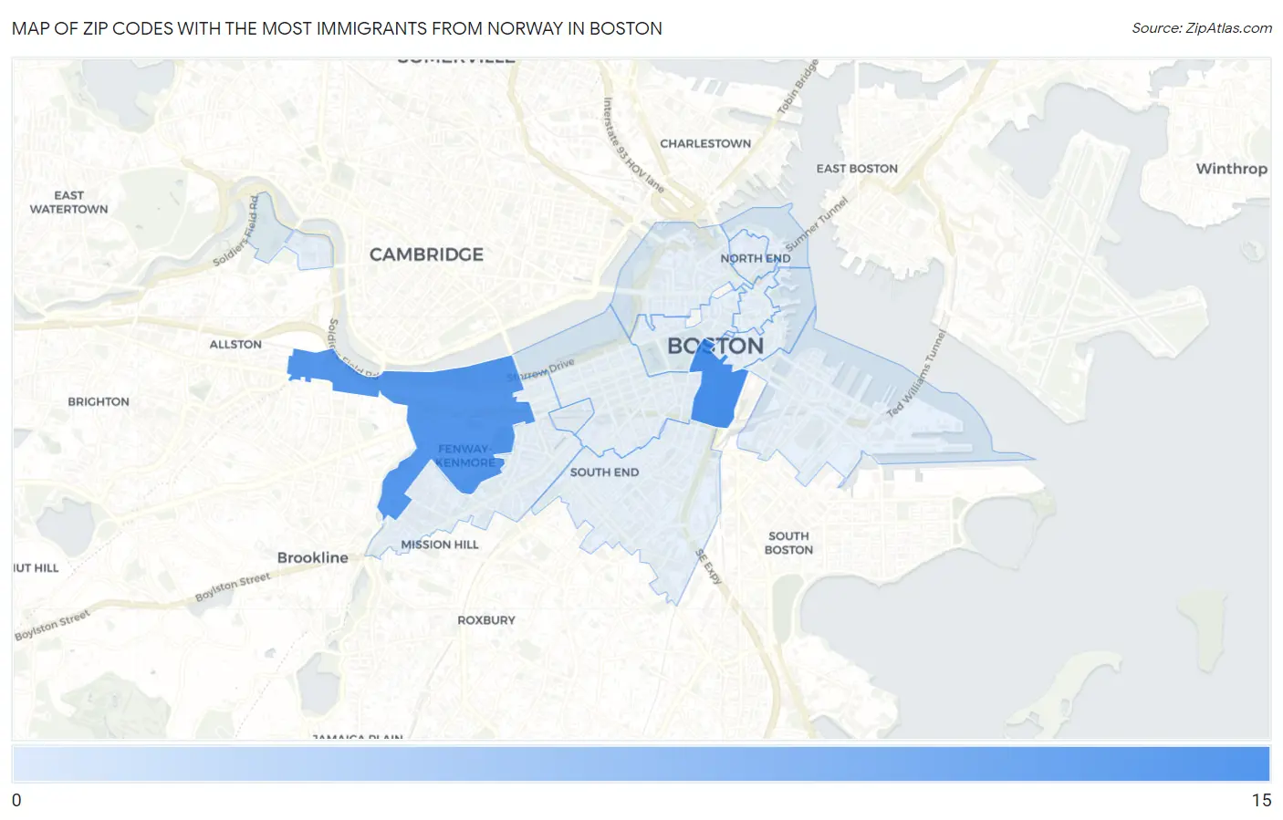 Zip Codes with the Most Immigrants from Norway in Boston Map