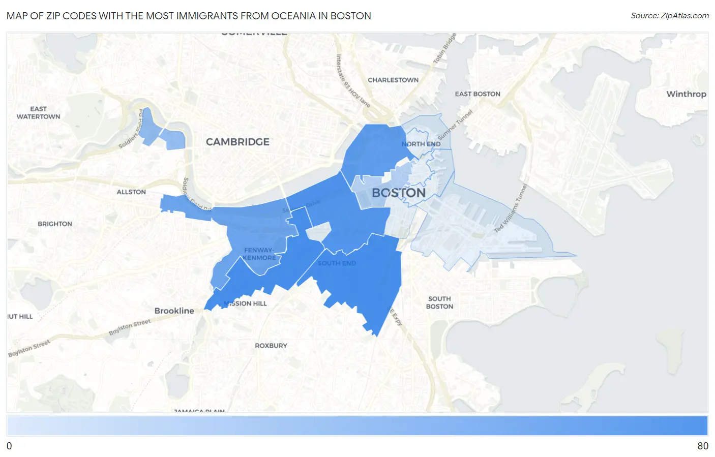 Zip Codes with the Most Immigrants from Oceania in Boston Map
