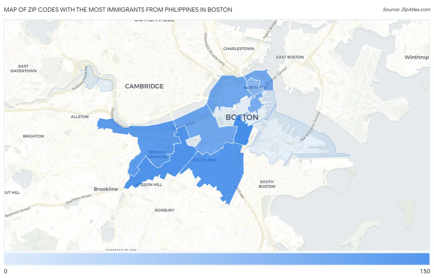 Zip Codes with the Most Immigrants from Philippines in Boston Map