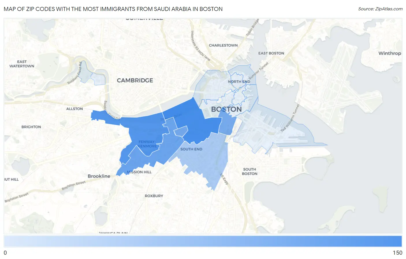 Zip Codes with the Most Immigrants from Saudi Arabia in Boston Map
