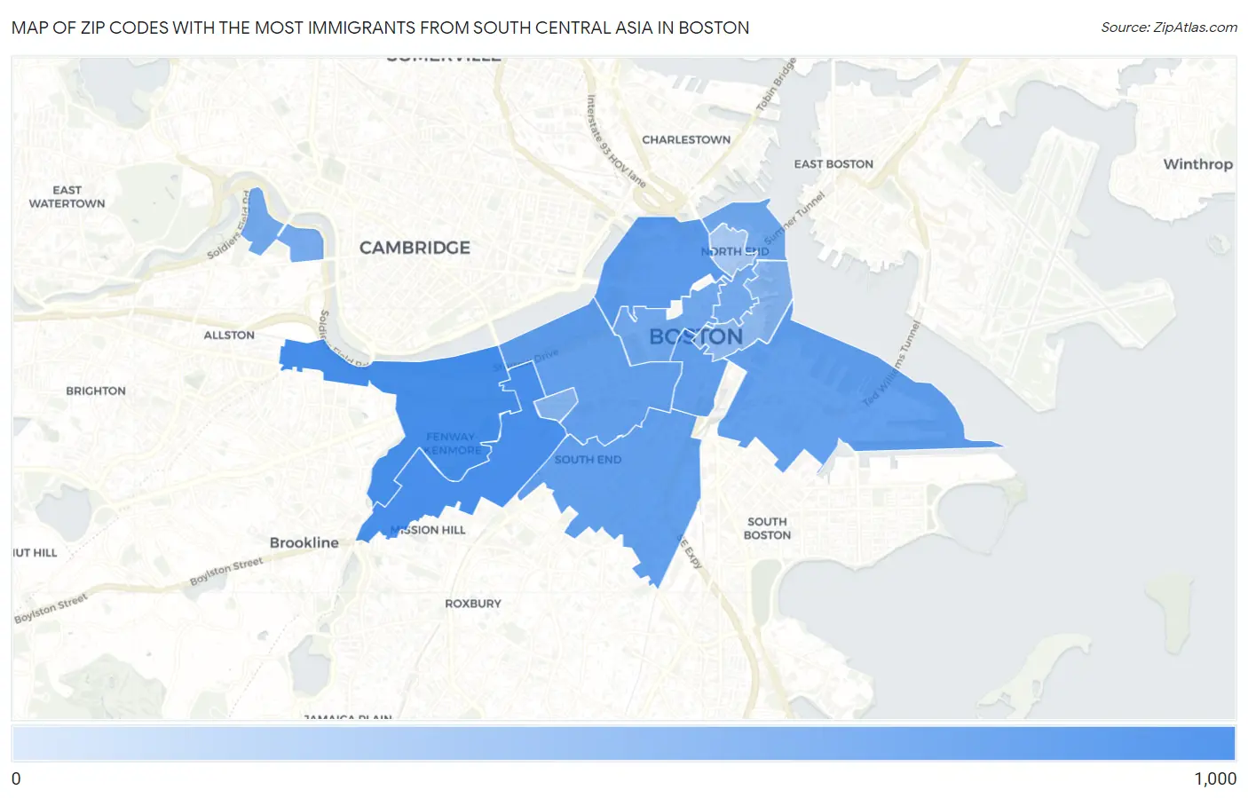 Zip Codes with the Most Immigrants from South Central Asia in Boston Map