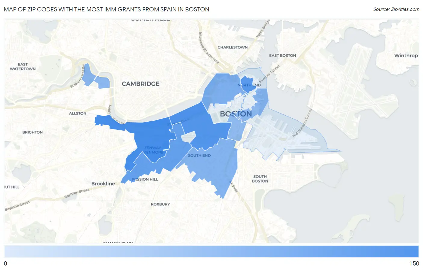 Zip Codes with the Most Immigrants from Spain in Boston Map
