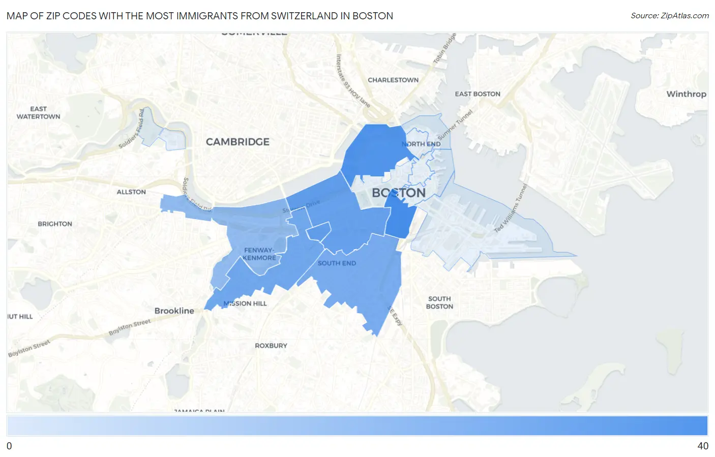 Zip Codes with the Most Immigrants from Switzerland in Boston Map