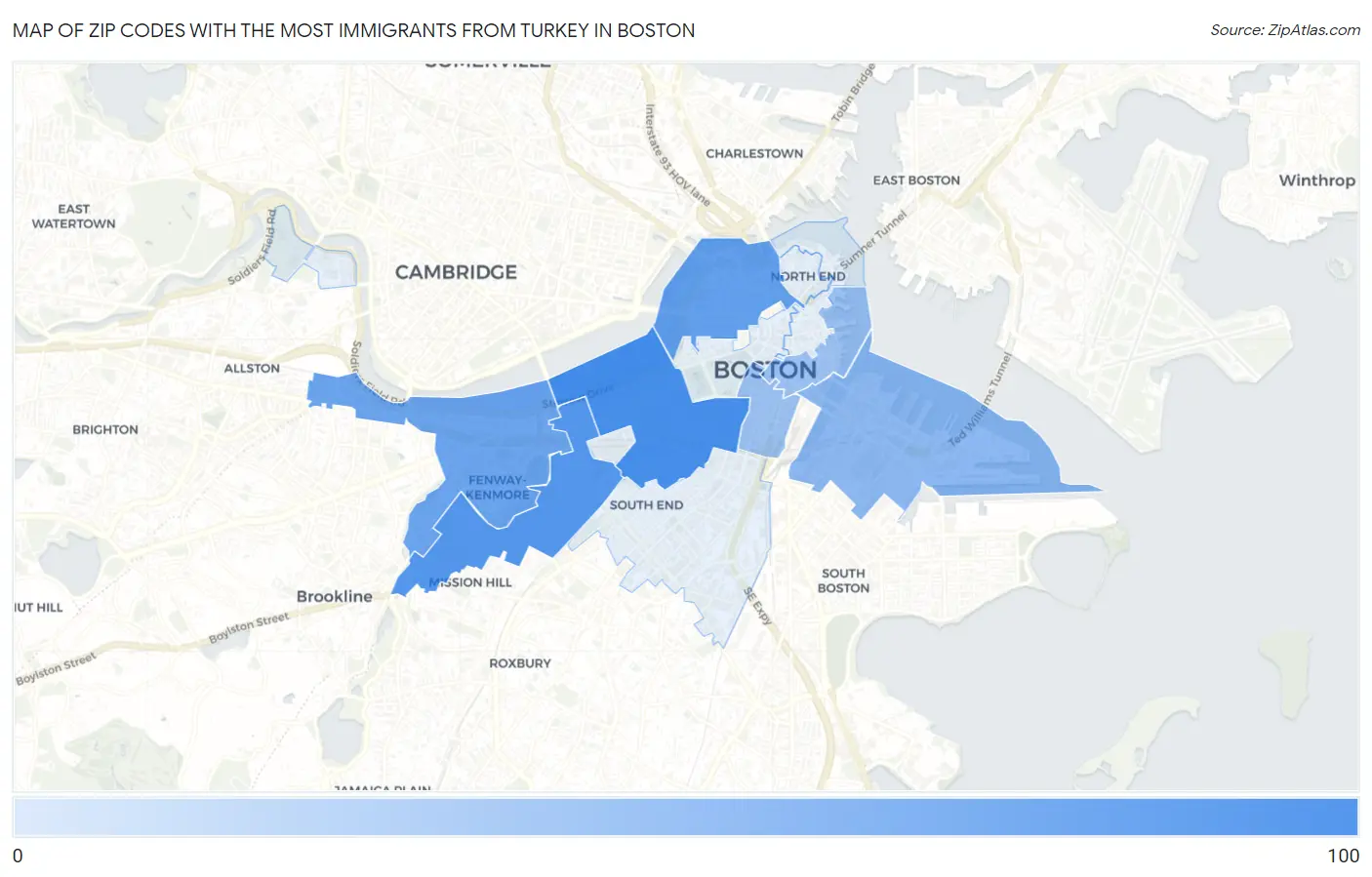 Zip Codes with the Most Immigrants from Turkey in Boston Map