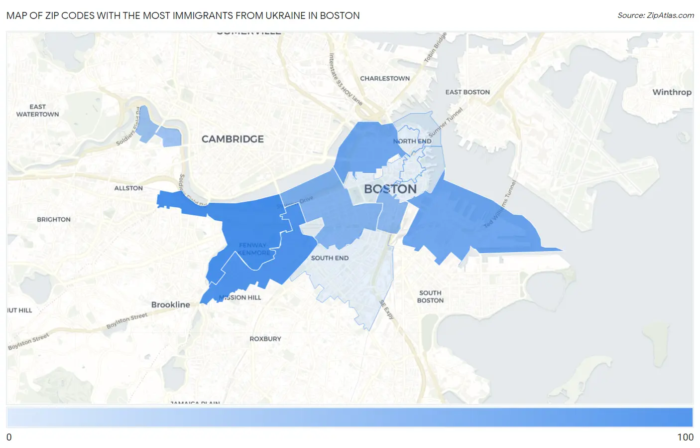 Zip Codes with the Most Immigrants from Ukraine in Boston Map