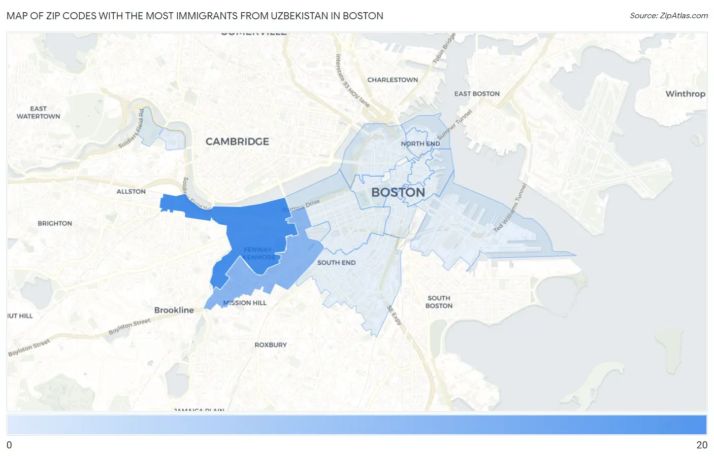 Zip Codes with the Most Immigrants from Uzbekistan in Boston Map