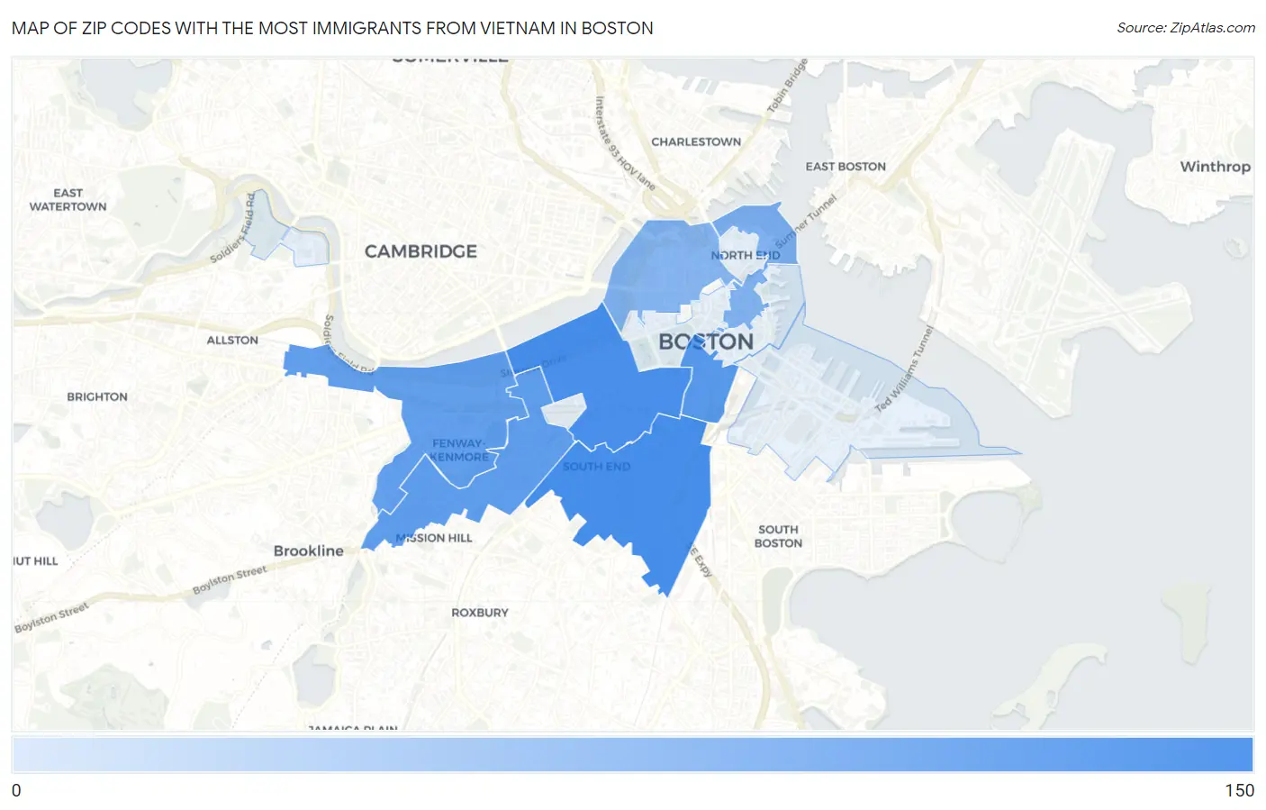 Zip Codes with the Most Immigrants from Vietnam in Boston Map