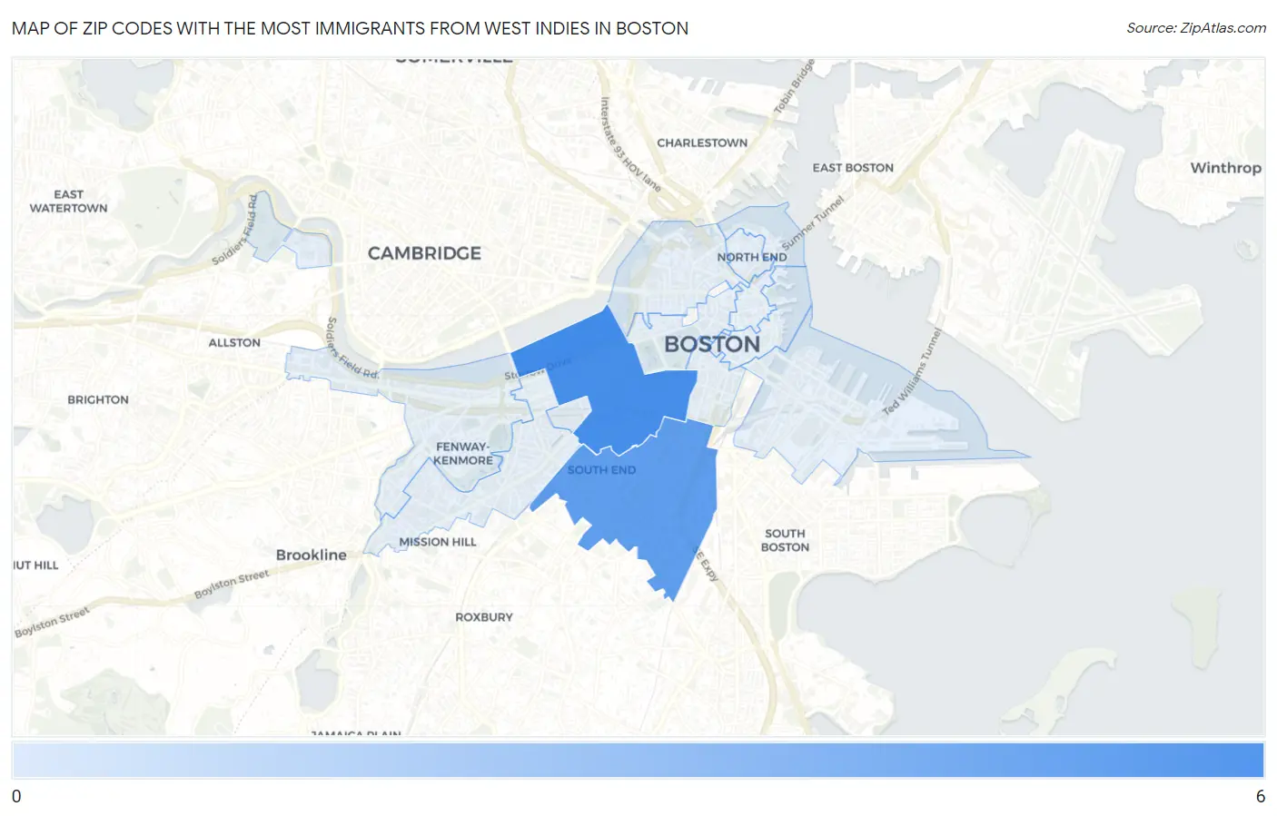 Zip Codes with the Most Immigrants from West Indies in Boston Map