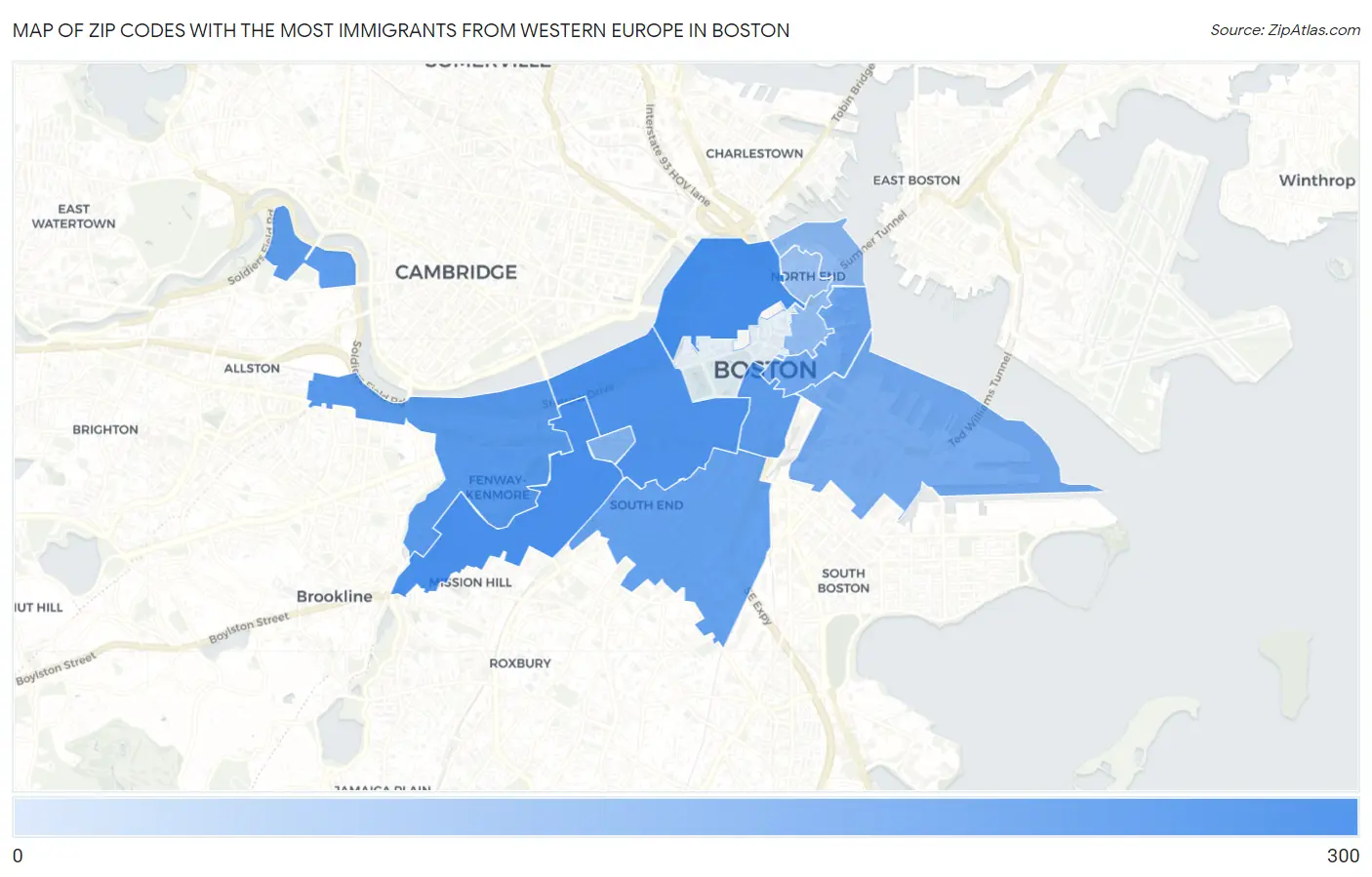 Zip Codes with the Most Immigrants from Western Europe in Boston Map