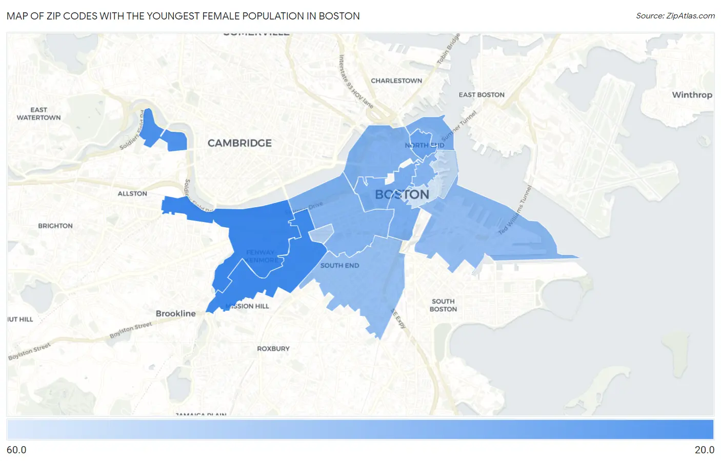 Zip Codes with the Youngest Female Population in Boston Map