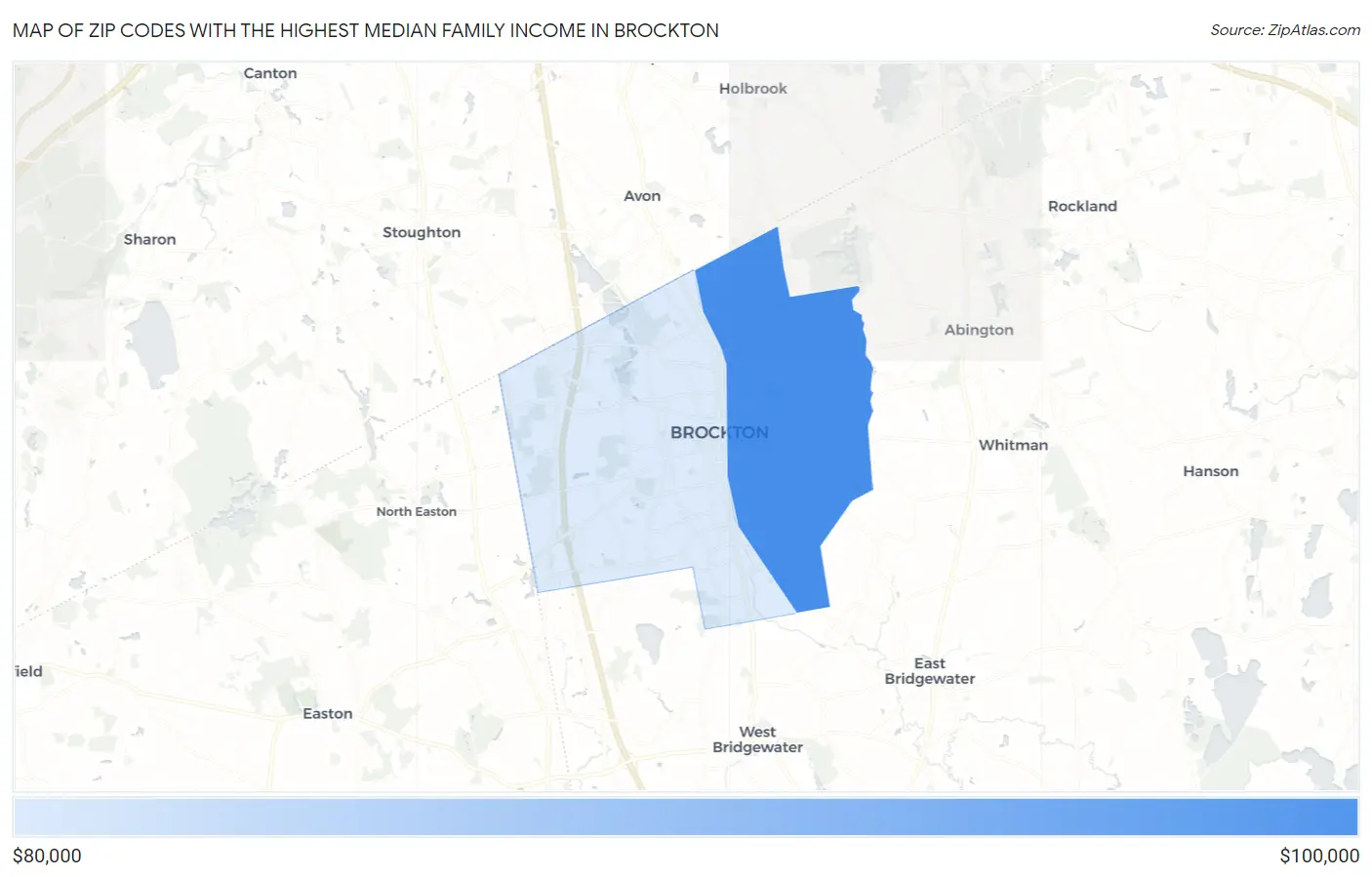 Zip Codes with the Highest Median Family Income in Brockton Map