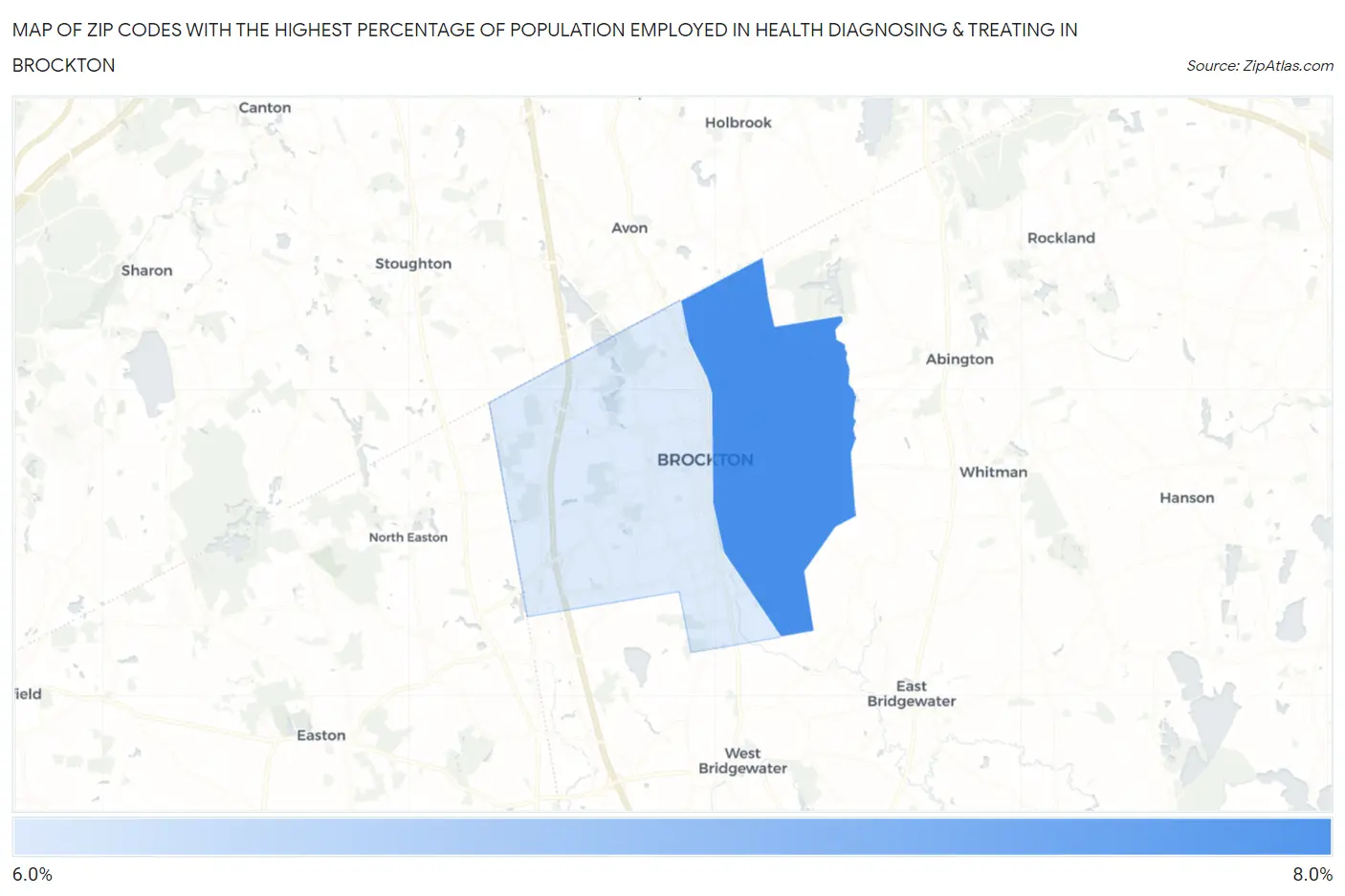 Zip Codes with the Highest Percentage of Population Employed in Health Diagnosing & Treating in Brockton Map