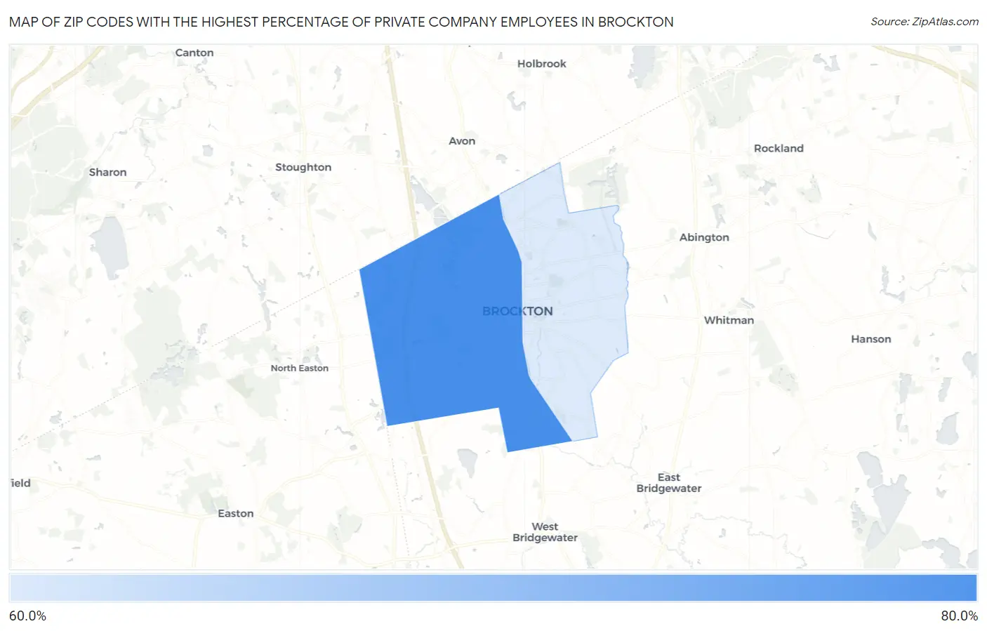 Zip Codes with the Highest Percentage of Private Company Employees in Brockton Map