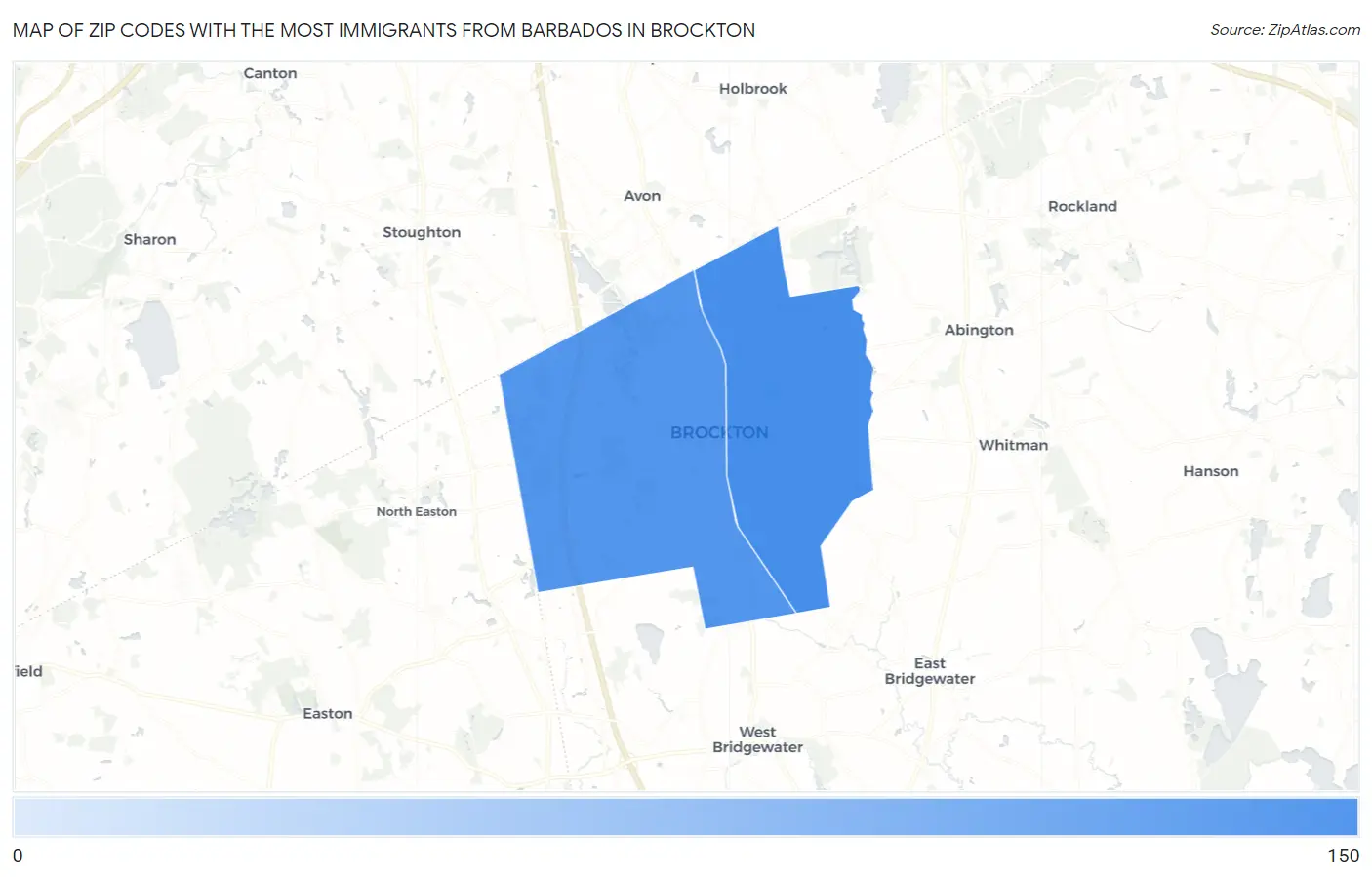Zip Codes with the Most Immigrants from Barbados in Brockton Map