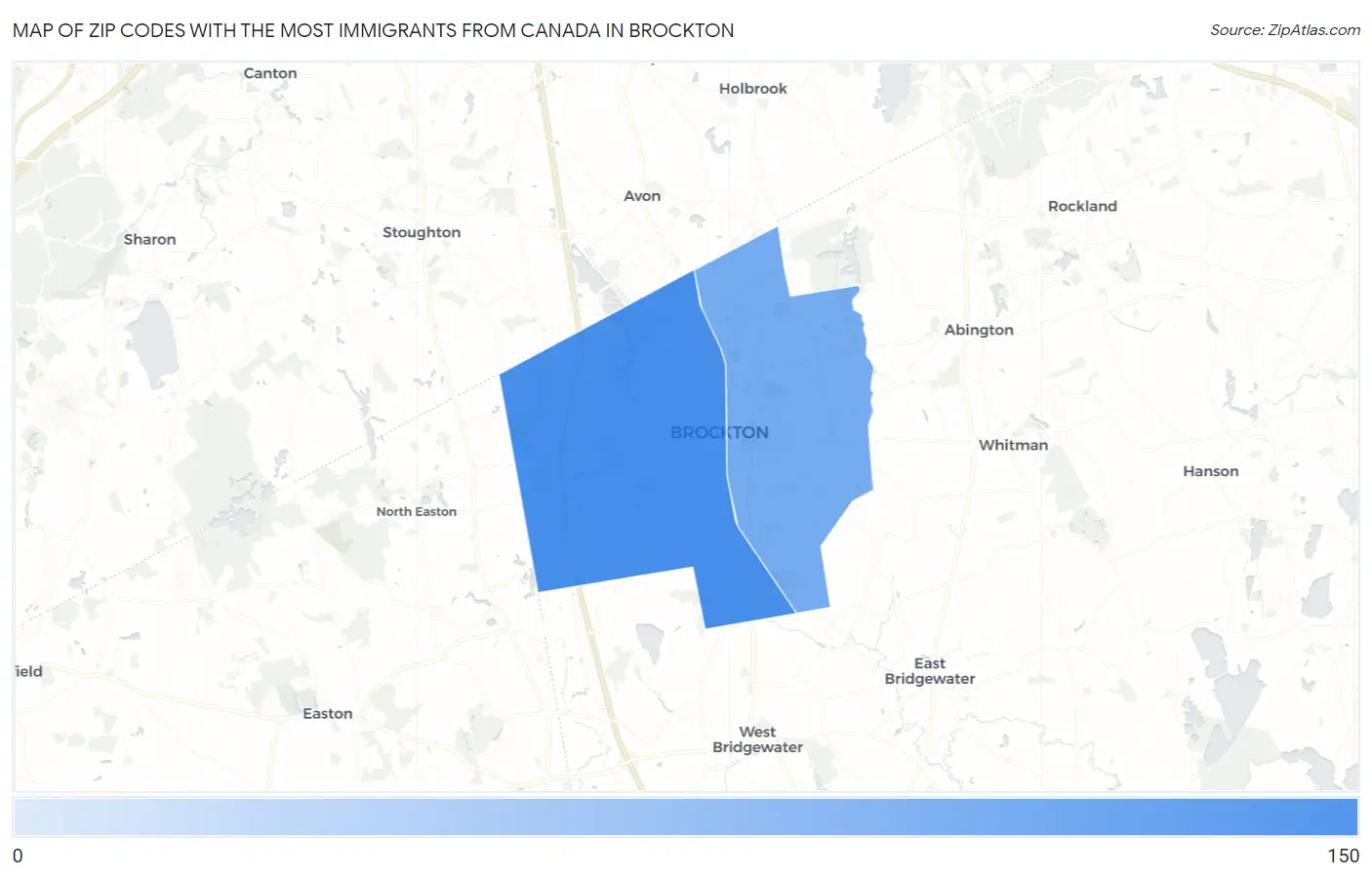 Zip Codes with the Most Immigrants from Canada in Brockton Map