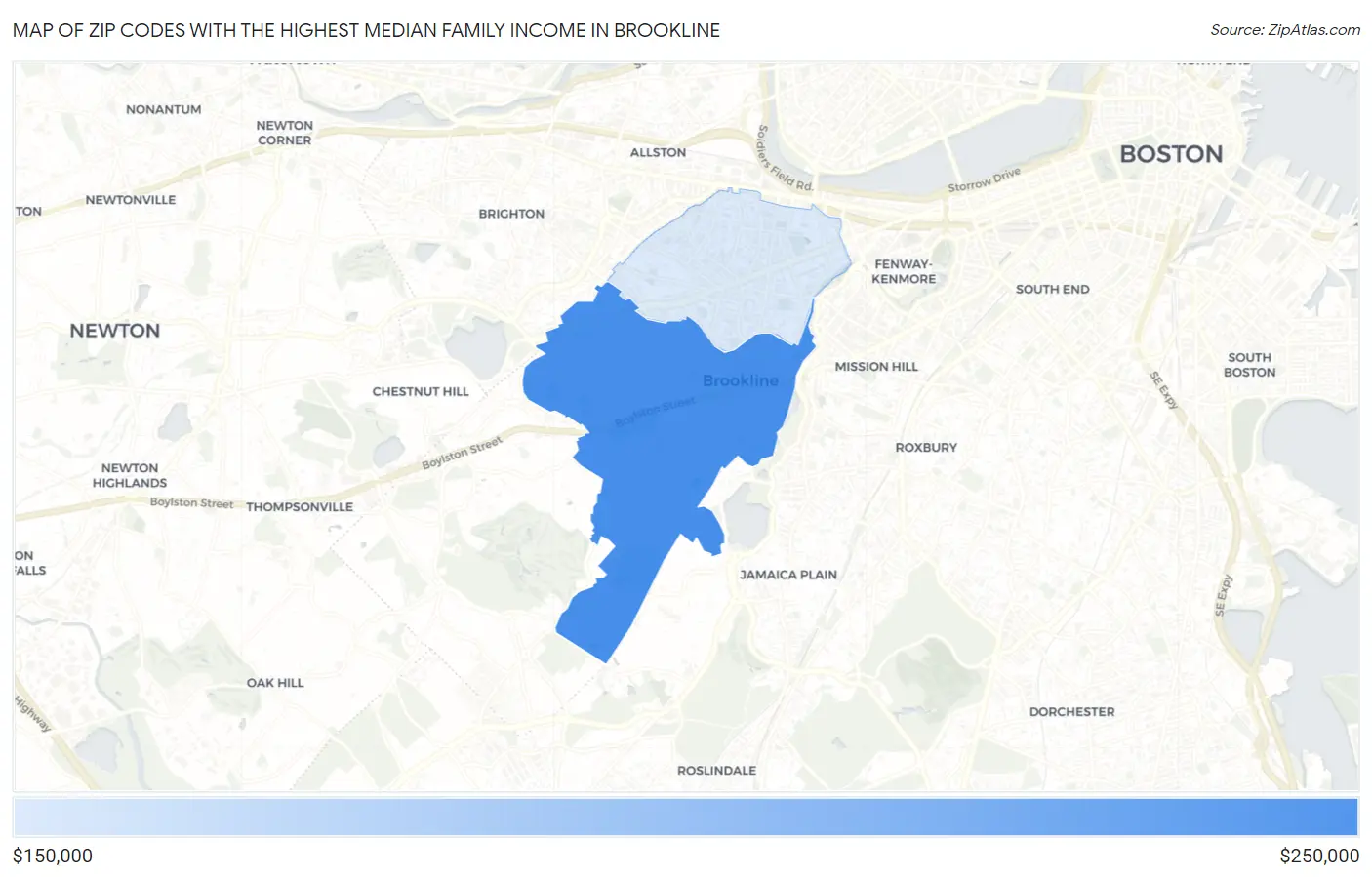 Zip Codes with the Highest Median Family Income in Brookline Map