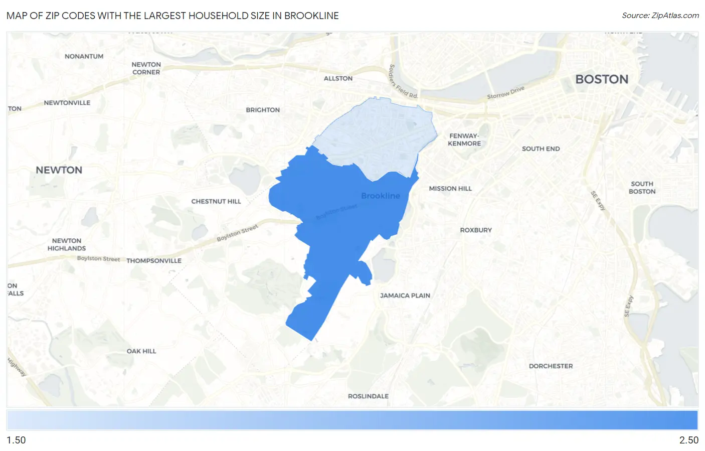 Zip Codes with the Largest Household Size in Brookline Map