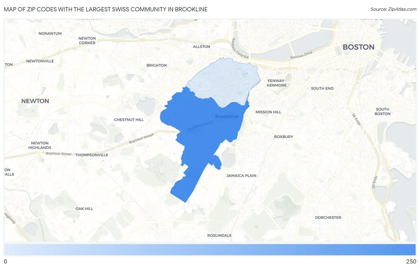 Zip Codes with the Largest Swiss Community in Brookline Map
