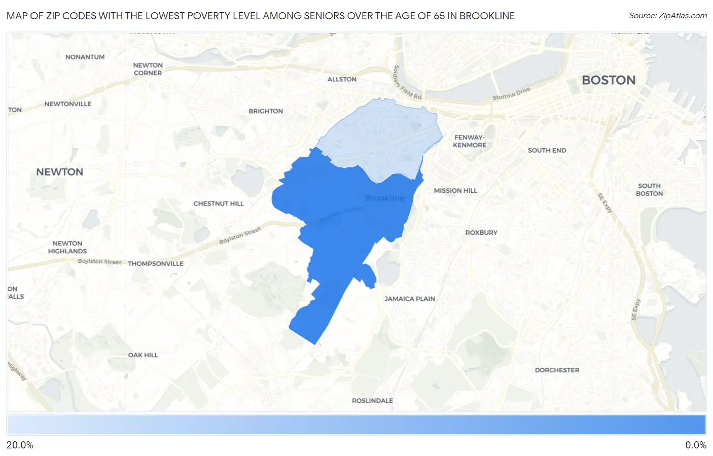 Zip Codes with the Lowest Poverty Level Among Seniors Over the Age of 65 in Brookline Map