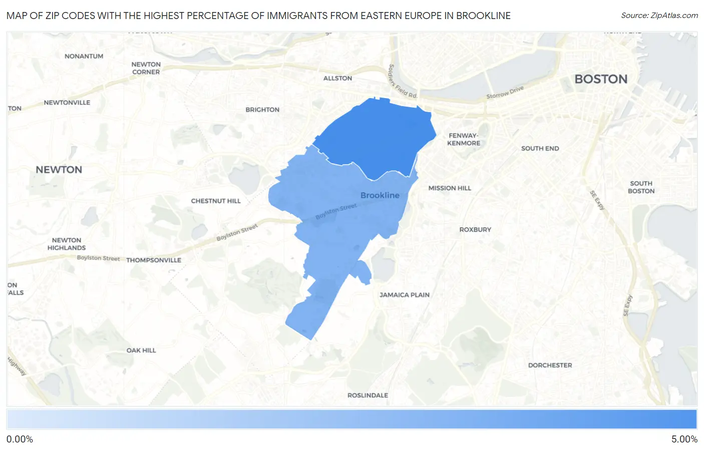 Zip Codes with the Highest Percentage of Immigrants from Eastern Europe in Brookline Map