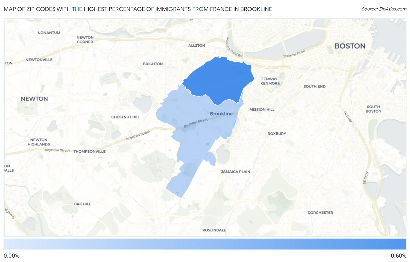 Zip Codes with the Highest Percentage of Immigrants from France in Brookline Map