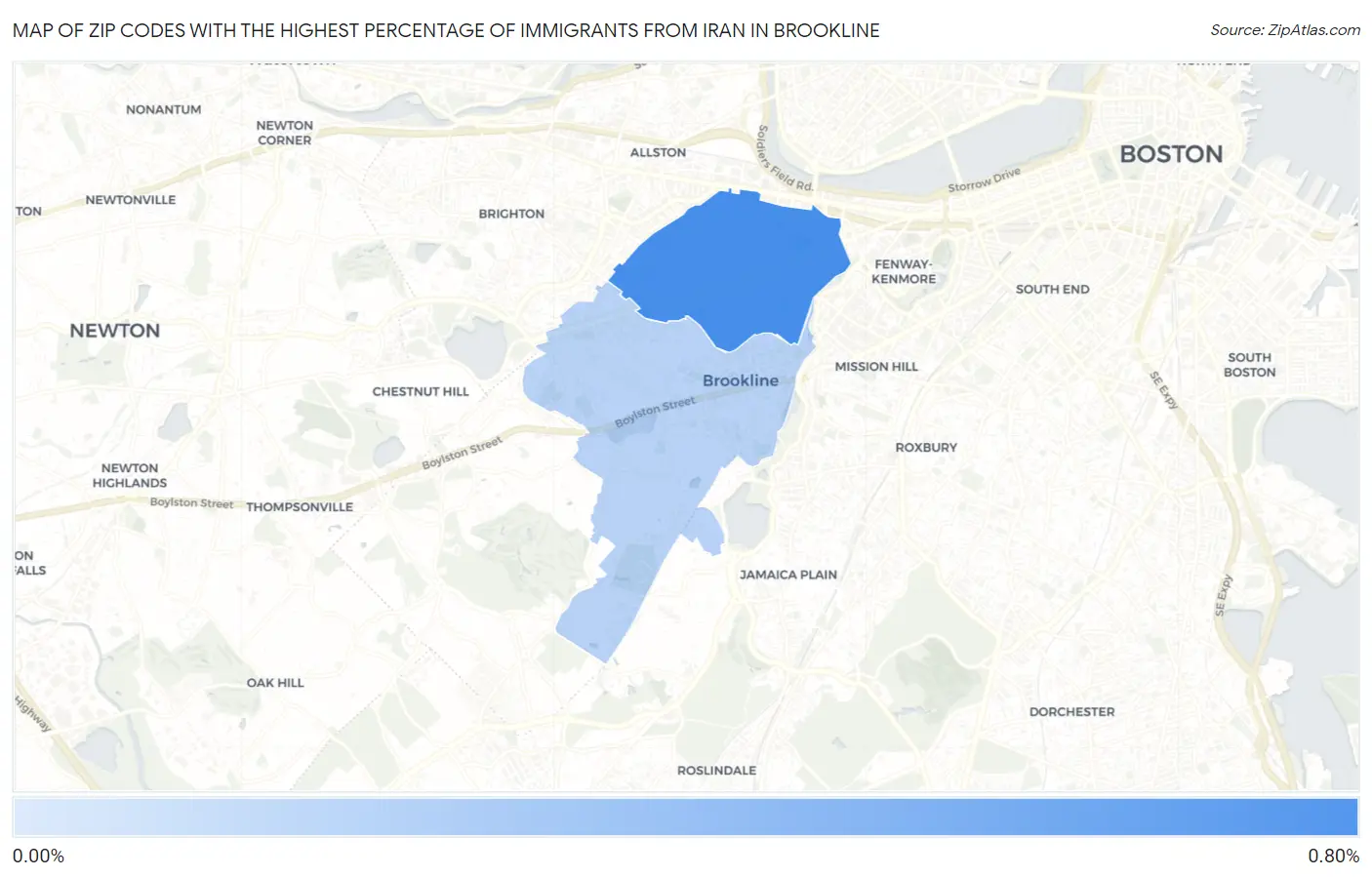 Zip Codes with the Highest Percentage of Immigrants from Iran in Brookline Map