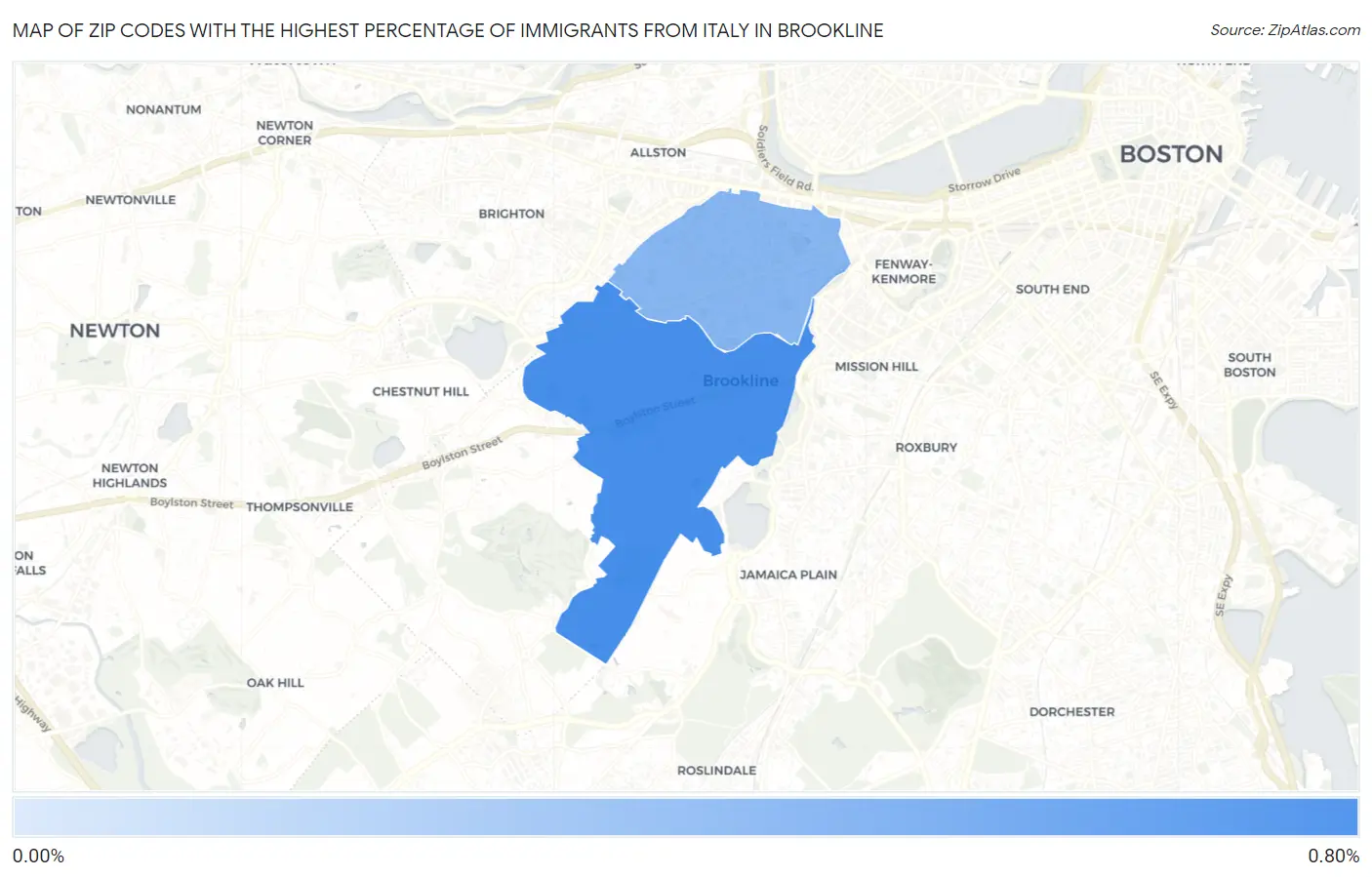 Zip Codes with the Highest Percentage of Immigrants from Italy in Brookline Map