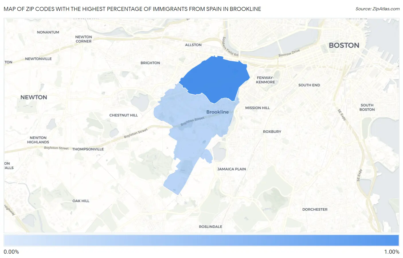 Zip Codes with the Highest Percentage of Immigrants from Spain in Brookline Map