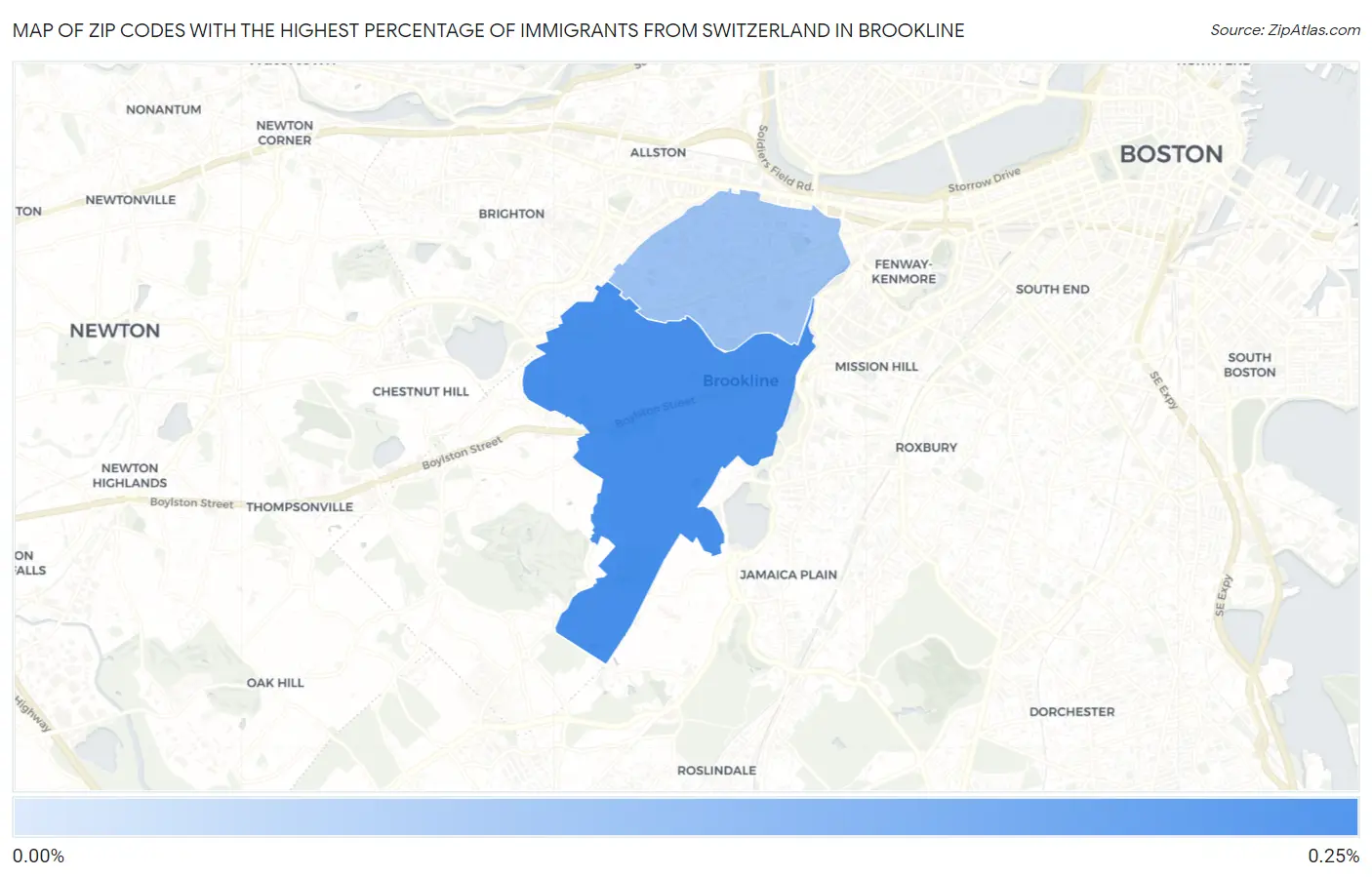 Zip Codes with the Highest Percentage of Immigrants from Switzerland in Brookline Map