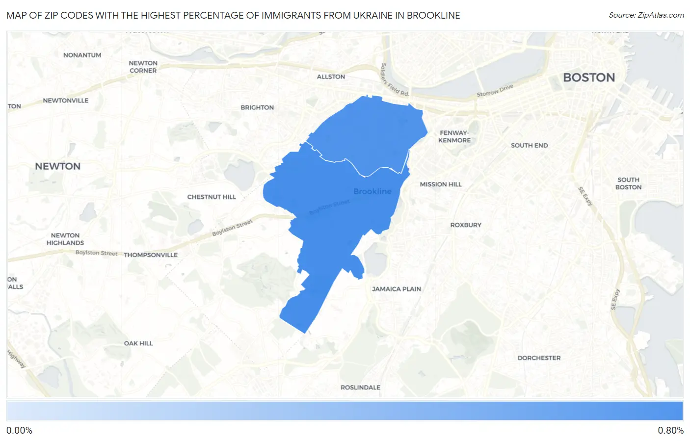 Zip Codes with the Highest Percentage of Immigrants from Ukraine in Brookline Map