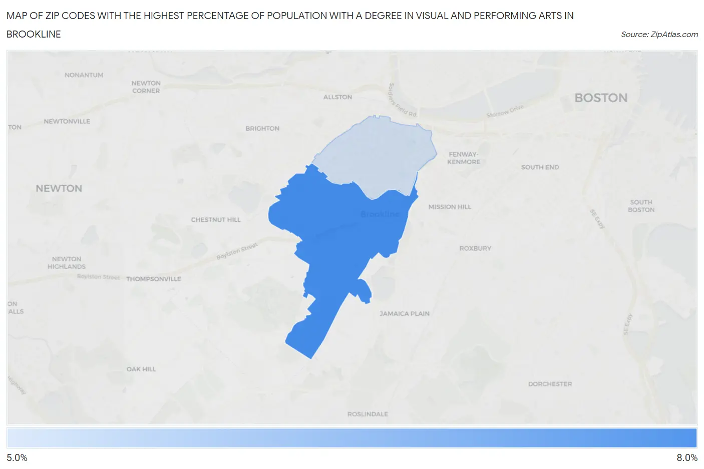 Zip Codes with the Highest Percentage of Population with a Degree in Visual and Performing Arts in Brookline Map