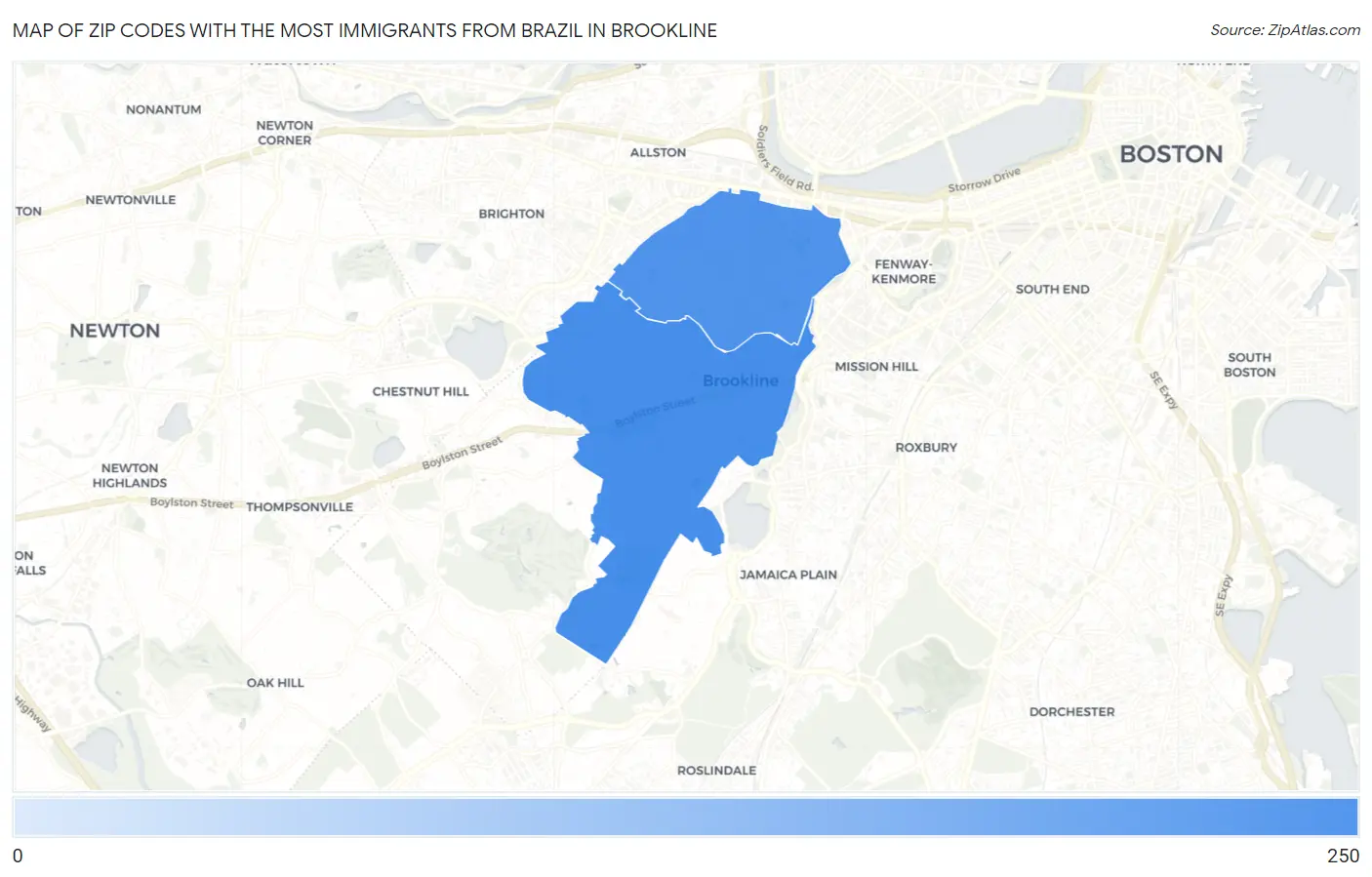 Zip Codes with the Most Immigrants from Brazil in Brookline Map