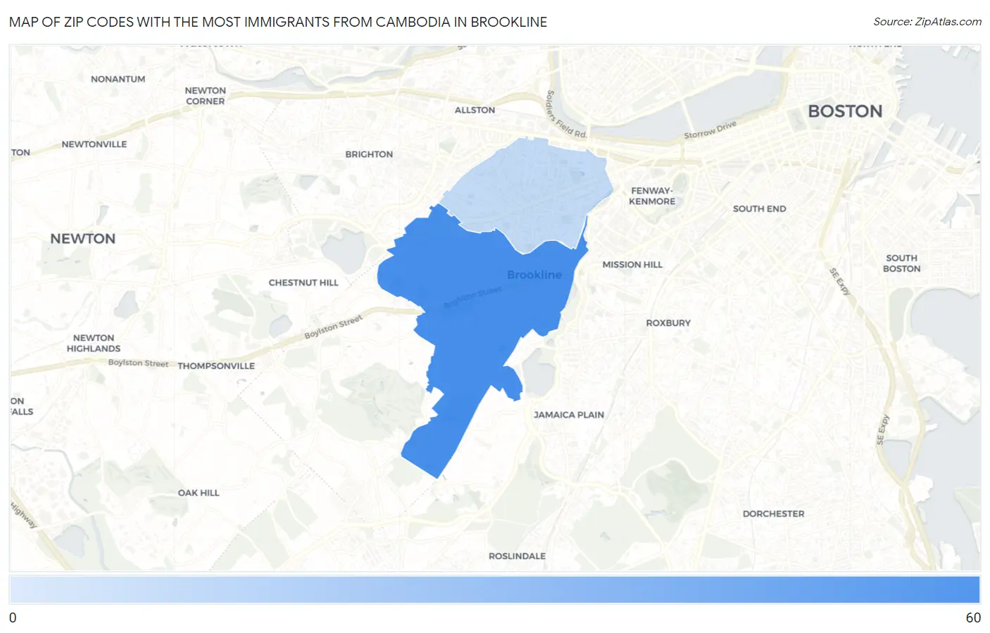 Zip Codes with the Most Immigrants from Cambodia in Brookline Map
