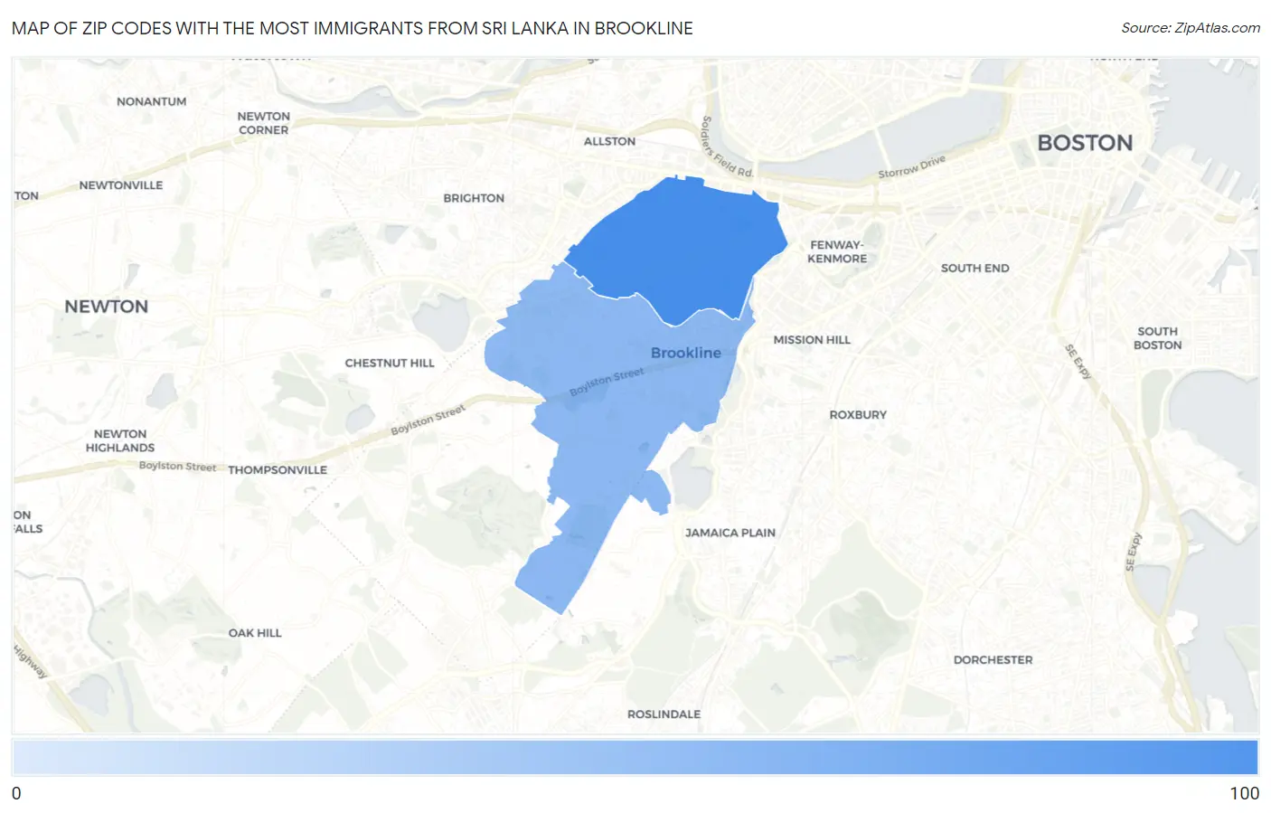 Zip Codes with the Most Immigrants from Sri Lanka in Brookline Map