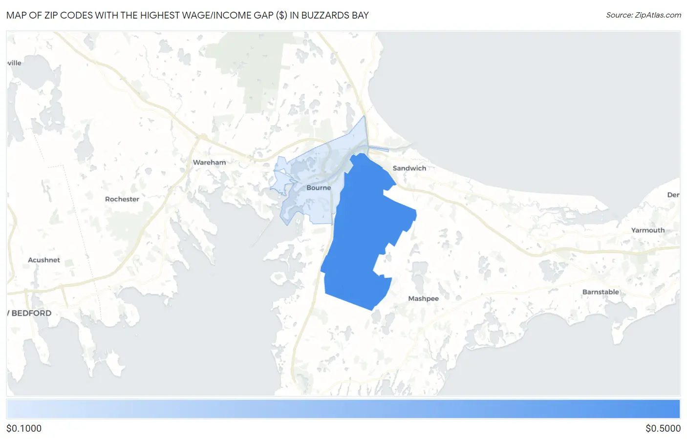 Zip Codes with the Highest Wage/Income Gap ($) in Buzzards Bay Map