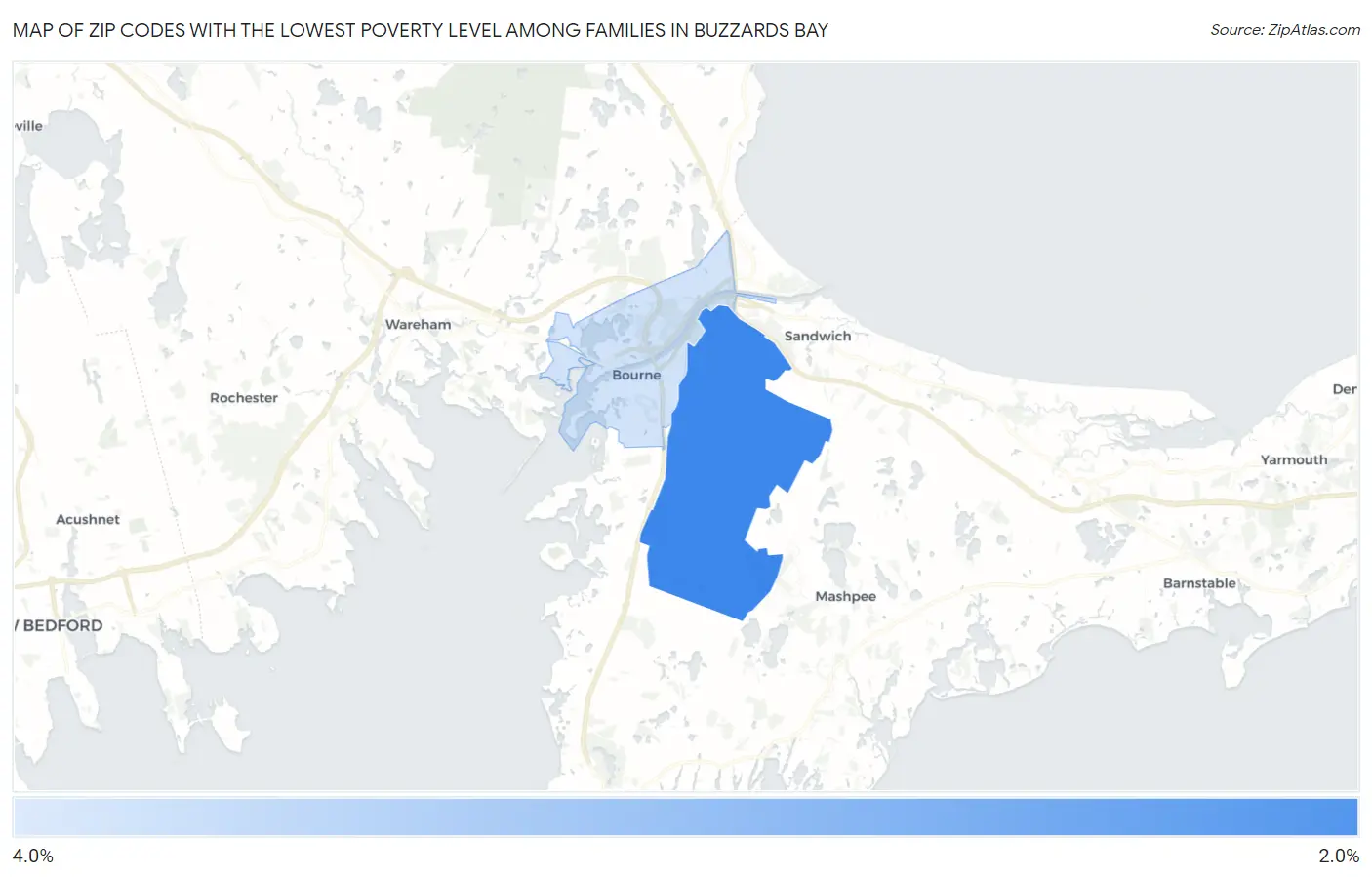 Zip Codes with the Lowest Poverty Level Among Families in Buzzards Bay Map