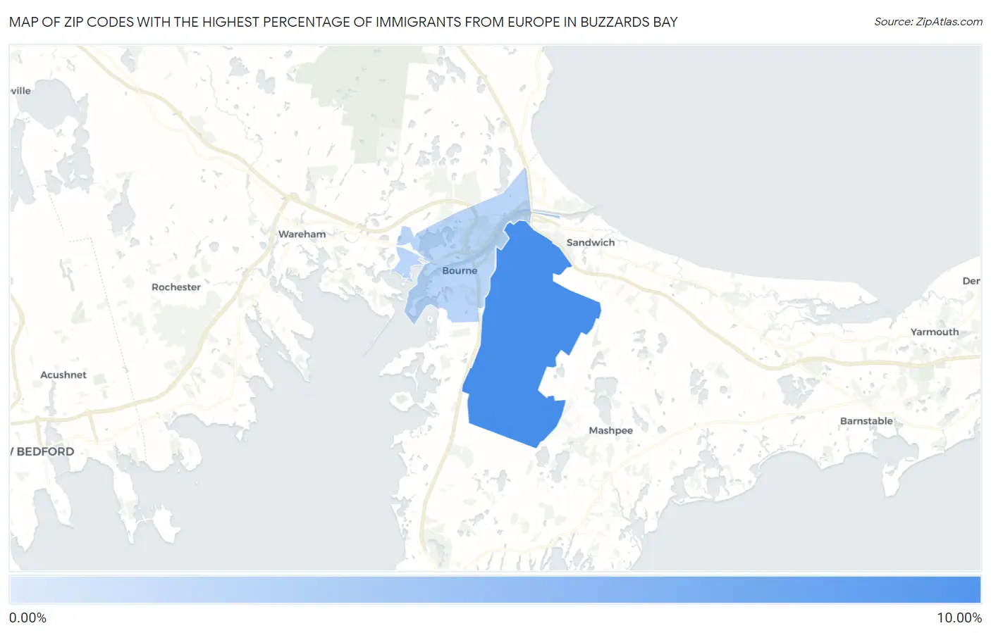 Zip Codes with the Highest Percentage of Immigrants from Europe in Buzzards Bay Map