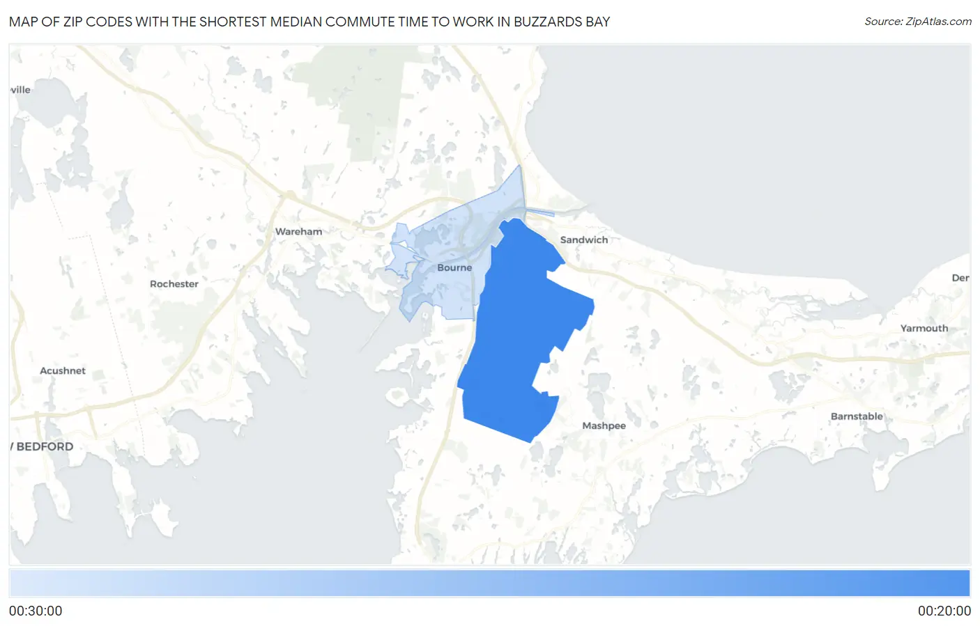 Zip Codes with the Shortest Median Commute Time to Work in Buzzards Bay Map
