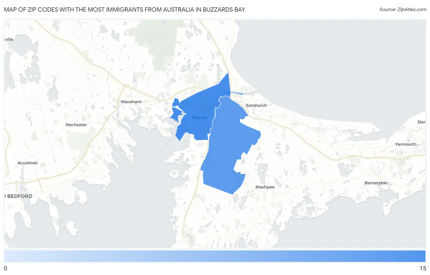 Zip Codes with the Most Immigrants from Australia in Buzzards Bay Map