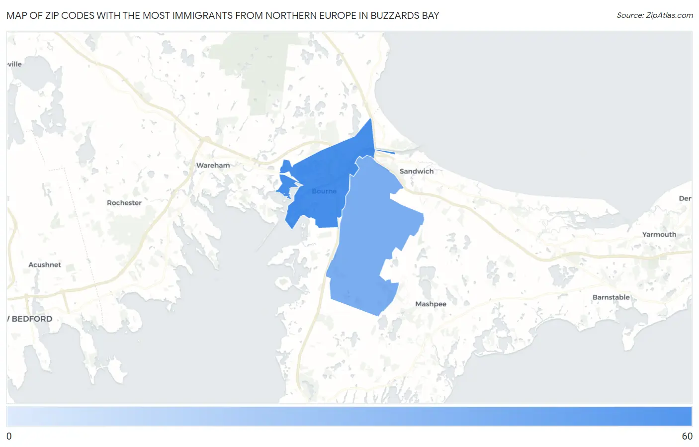 Zip Codes with the Most Immigrants from Northern Europe in Buzzards Bay Map
