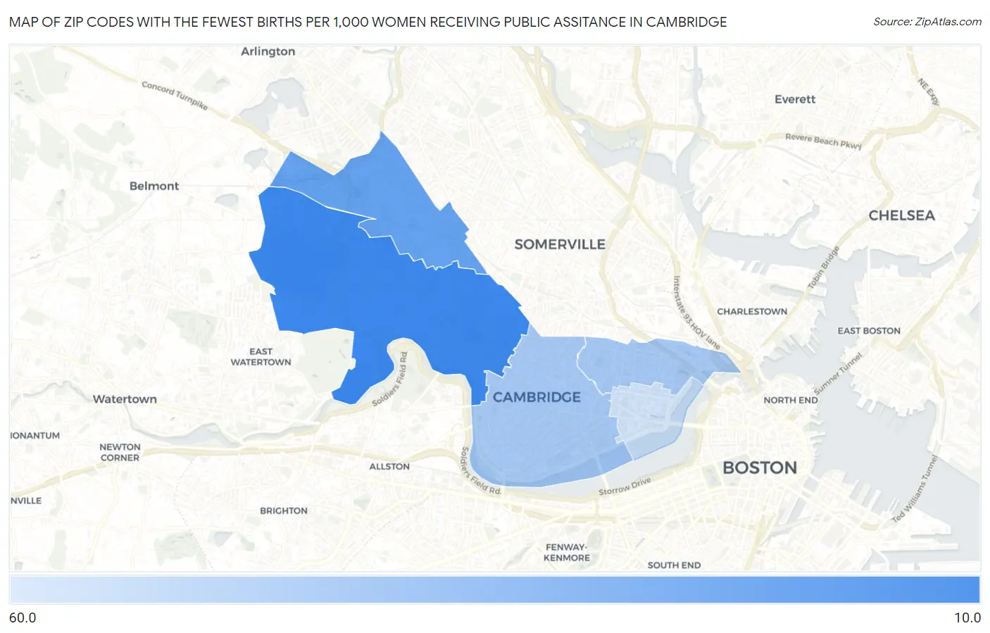 Zip Codes with the Fewest Births per 1,000 Women Receiving Public Assitance in Cambridge Map