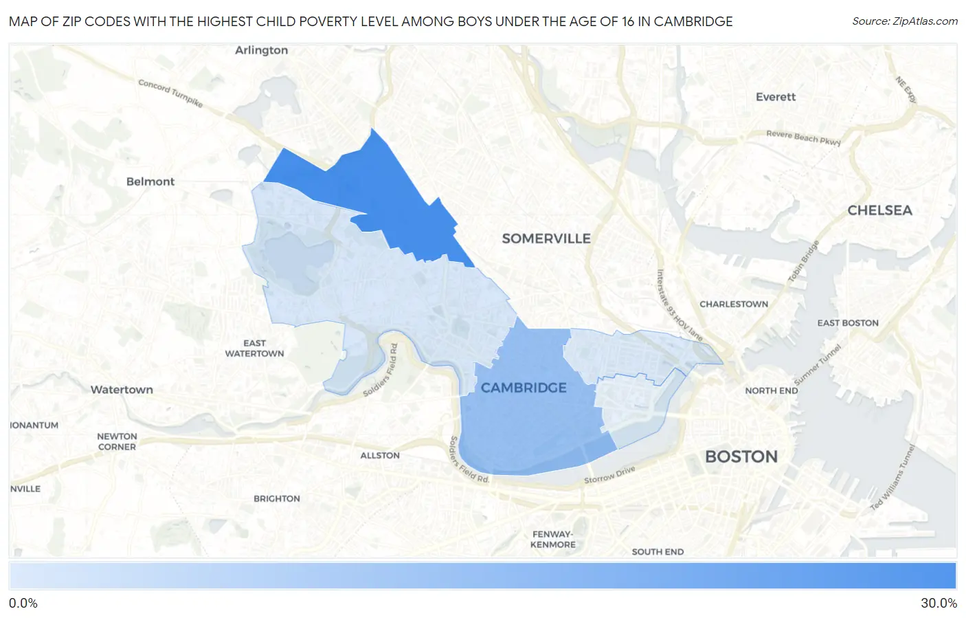Zip Codes with the Highest Child Poverty Level Among Boys Under the Age of 16 in Cambridge Map